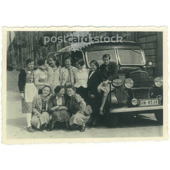 1930s. Germany. Traveling group on a road break. Black and white original paper image, old photo. (2792468)