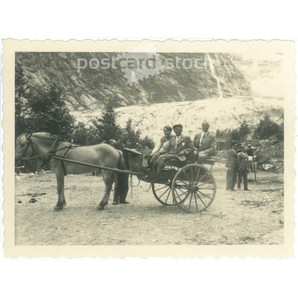 1934. Germany. Excursions by horse-drawn carriage in the mountains. Black and white original paper image, old photo. (2792476)