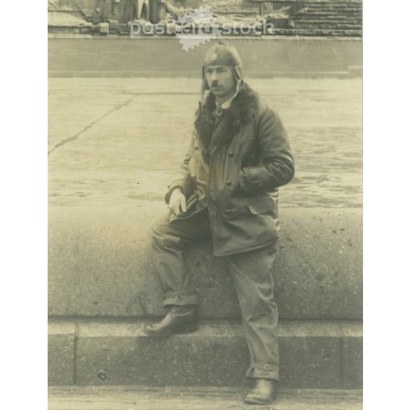 1936. Germany. Full-length photo of young man wearing aviator cap. Black and white original paper image, old photo. (2792478)