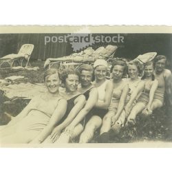   1950s. Germany. Girls on the beach. Black and white original paper image, old photo. (2792480)