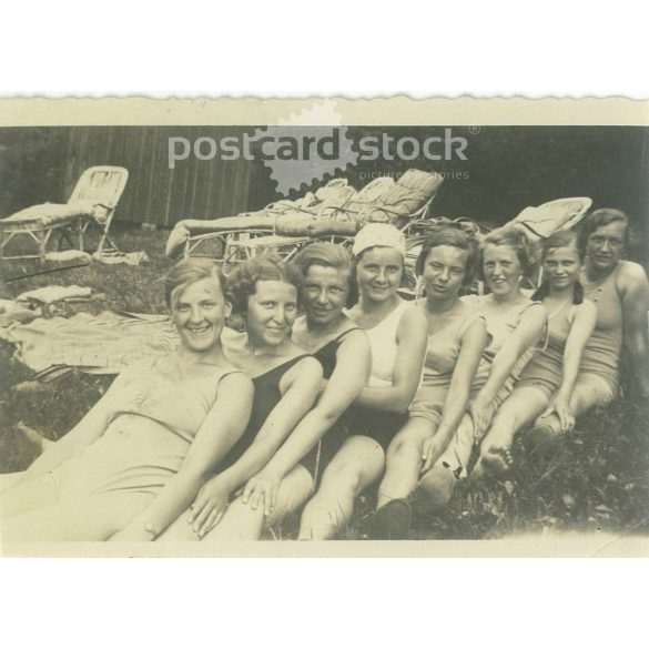 1950s. Germany. Girls on the beach. Black and white original paper image, old photo. (2792480)