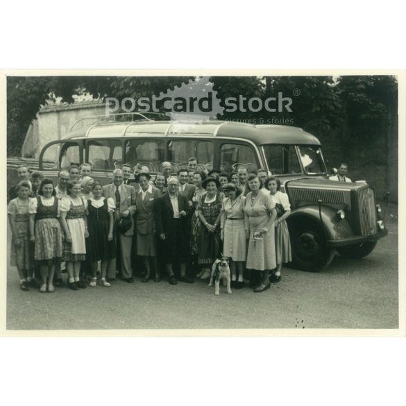 1951. Germany. On a bus trip. Black and white original paper image, old photo. (2792486)