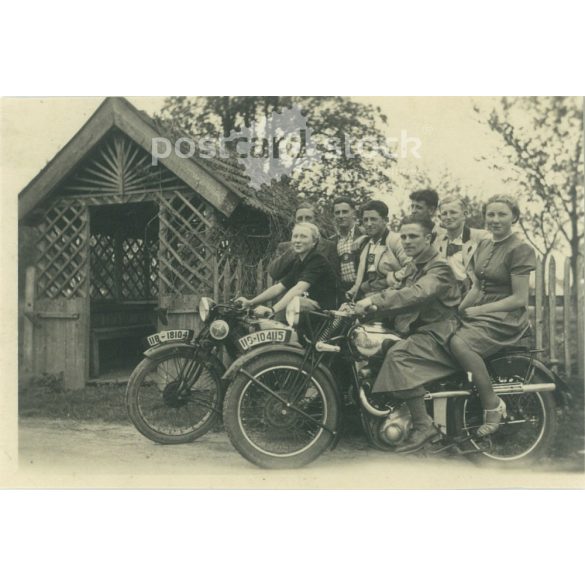 1950s. Germany. Young people on motorbikes. The creator of the picture and the identity of the people on it are unknown. Black and white original paper image, old photo. (2792500)