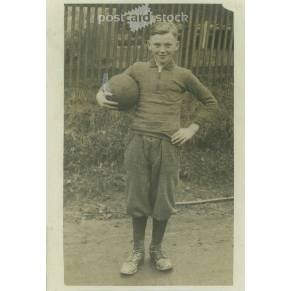 1930s. Germany. Little boy with soccer ball. Original paper image, old postcard, photo sheet. (2792503)