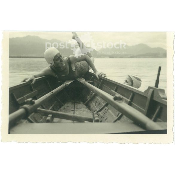 1958. Austria. Swimming training on the lake. The creator of the picture and the identity of the people on it are unknown. Black and white original paper image, old photo. (2792513)