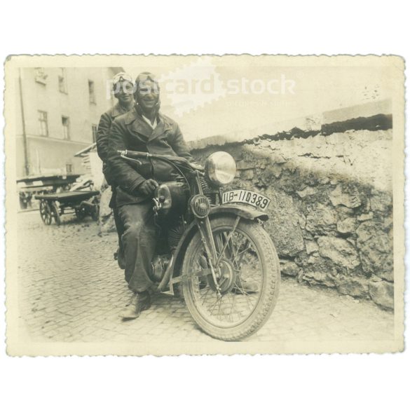 1930s. Germany. Motorcyclists. The creator of the picture and the identity of the people on it are unknown. Black and white original paper image, old photo. (2792522)