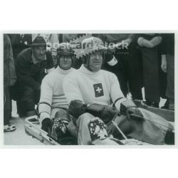   1936. Germany. The Swiss bobsleigh team at the Berlin Olympics. Black and white, reprint after an old photo, Olympic card. (2792523)