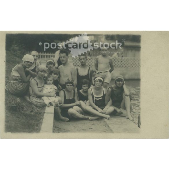 1921. Csillaghegy Árpád Beach Bath. Group photo of bathers. It was made by the photography studio of József Sebes. Original paper image. Old photo. Black and white photo sheet, postcard. (2792559)