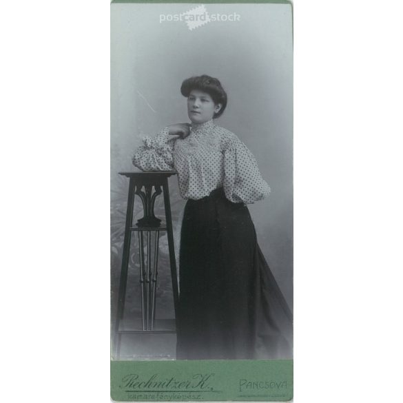 The work of Károly Rechnitzer’s photography studio. Early 1900s. Pančova, Serbia. Studio photo of an unknown young lady. Old photo, business card, CDV photo. (2792576)