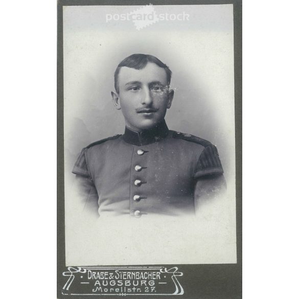 The work of the photography studio Drabe & Steinbacher. Augsburg. Early 1900s. Studio photo of an unknown young soldier. Old photo, business card, CDV photo. (2792581)