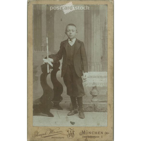 The work of Joseph Werner’s photography studio. Munich. Early 1900s. Studio photo of unknown boy. Old photo, business card, CDV photo. (2792582)