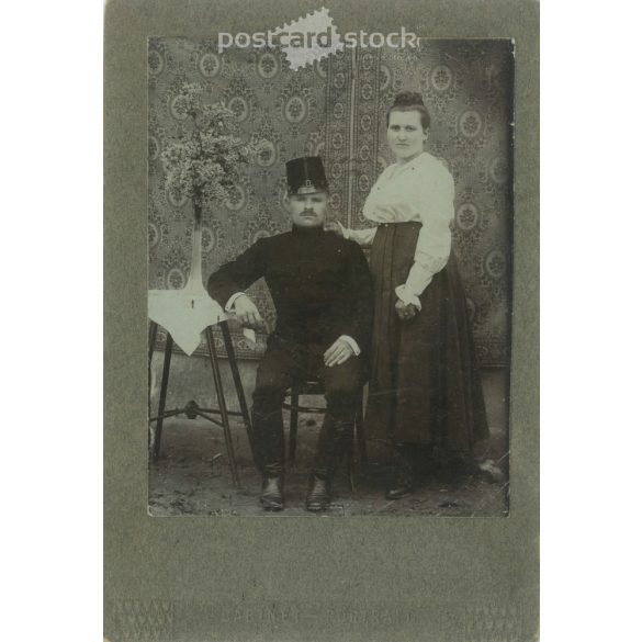 1910s. Jászkaraenő. Railway couple. The creator of the picture and the person on it are unknown. Old photo, original cabinet photo / hardback old photo. (2792596)