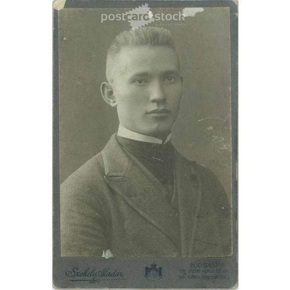 Early 1900s. Budapest. The work of Aladár Székely photography studio. Portrait photo of an unknown young man. Old photo, business card, CDV photo. (2792607)