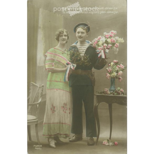 1913 – Romantic postcard. Original paper image. Old photo. Colored photo sheet, old postcard. (2792659)