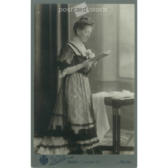 1877. Studio photo of an elegant young lady. It was taken in the studio of photographer Adéle Udari, Vienna. Original cabinet photo / hardback photo / old photo. (2792673)