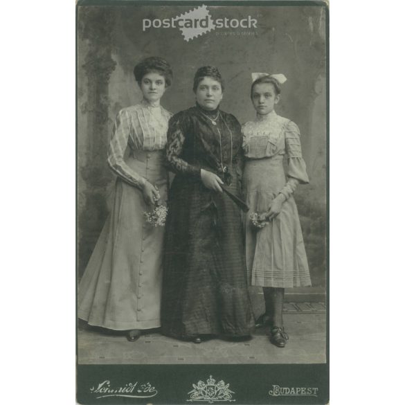 1910s. Members of the lady’s court. The persons in the picture are unknown. The photo was taken in Schmidt Ede’s photography studio in Budapest. Old photo, original cabinet photo / hardback photo. (2792679)