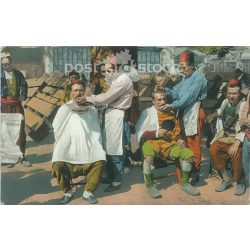   Constantinople street barbers. Original paper image. Old photo. Colored photo sheet, old postcard. (2792700)