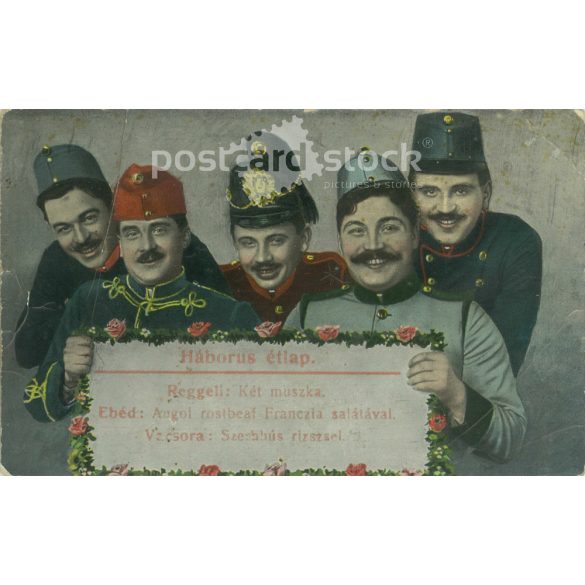 1914 – War menu, with a humorous menu. Old photo. Photo on paper, reproduction of a colored photo, old postcard, print. (27927179)