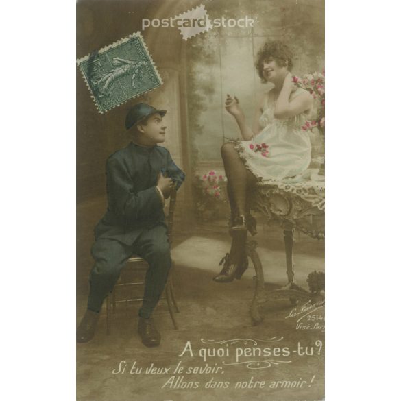 1918. Romantic military postcard. Paris. Original paper image. Old photo. Colored photo sheet, old postcard. (2792736)