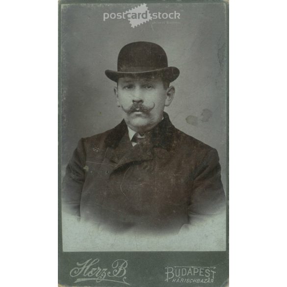 Early 1900s. A gentleman in a hat, his studio photo. The person in the picture is unknown. The work of Herz B. photography studio. Budapest. Old photo, original cabinet photo / hardback photo. (2792778)