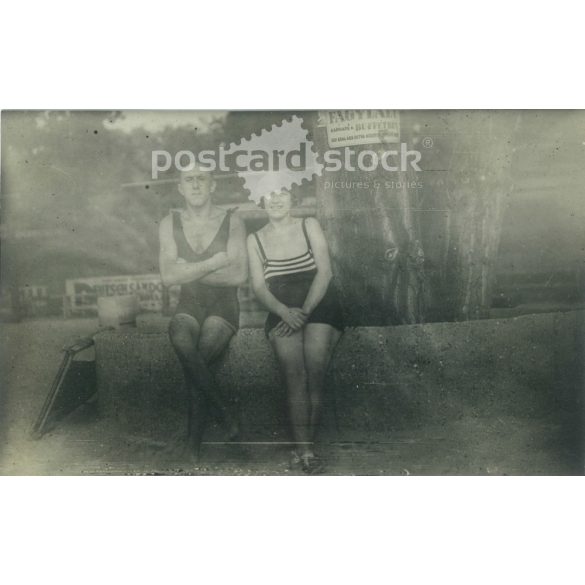 1924. Margaret Island. Young couple on the beach. The identity of the people in the picture and the creator of the picture are unknown. Original paper image. Old photo. Black and white photo sheet, old postcard. (27925787)