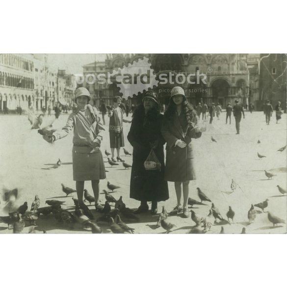 1928. Ladies with pigeons. The identity of the people in the picture and the creator of the picture are unknown. Original paper image. Old photo. Black and white photo sheet, old postcard. (27925788)